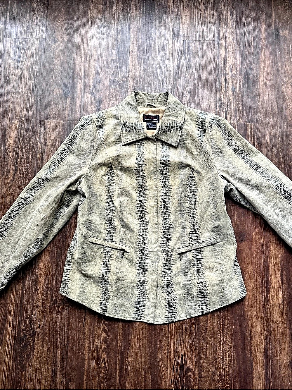 Bradley Bayou Vintage Leather Jacket L Snakeskin Print Tan Brown Moto Shirt Coat